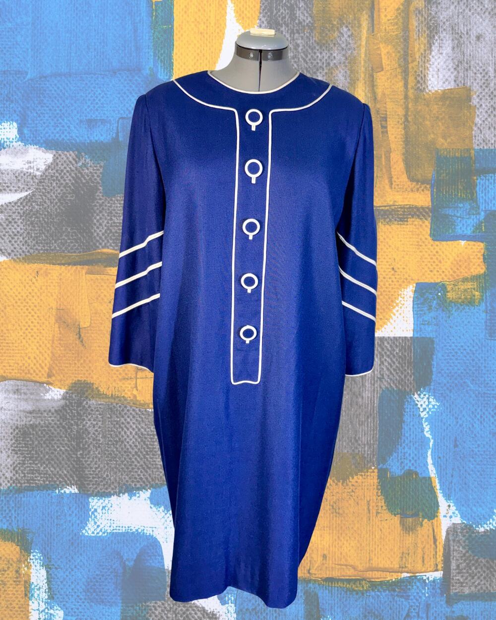 Volup Vintage 80s Christian Rupert Couturier Navy White Piping Sheath Dress XXL